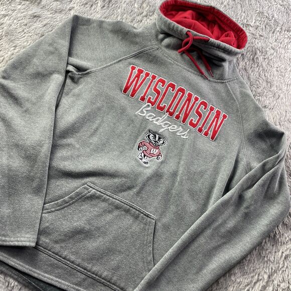 Wisconsin Badgers Sweatshirt Womens Small Gray Red Cowl Neck Pullover Bucky UW - Picture 1 of 9